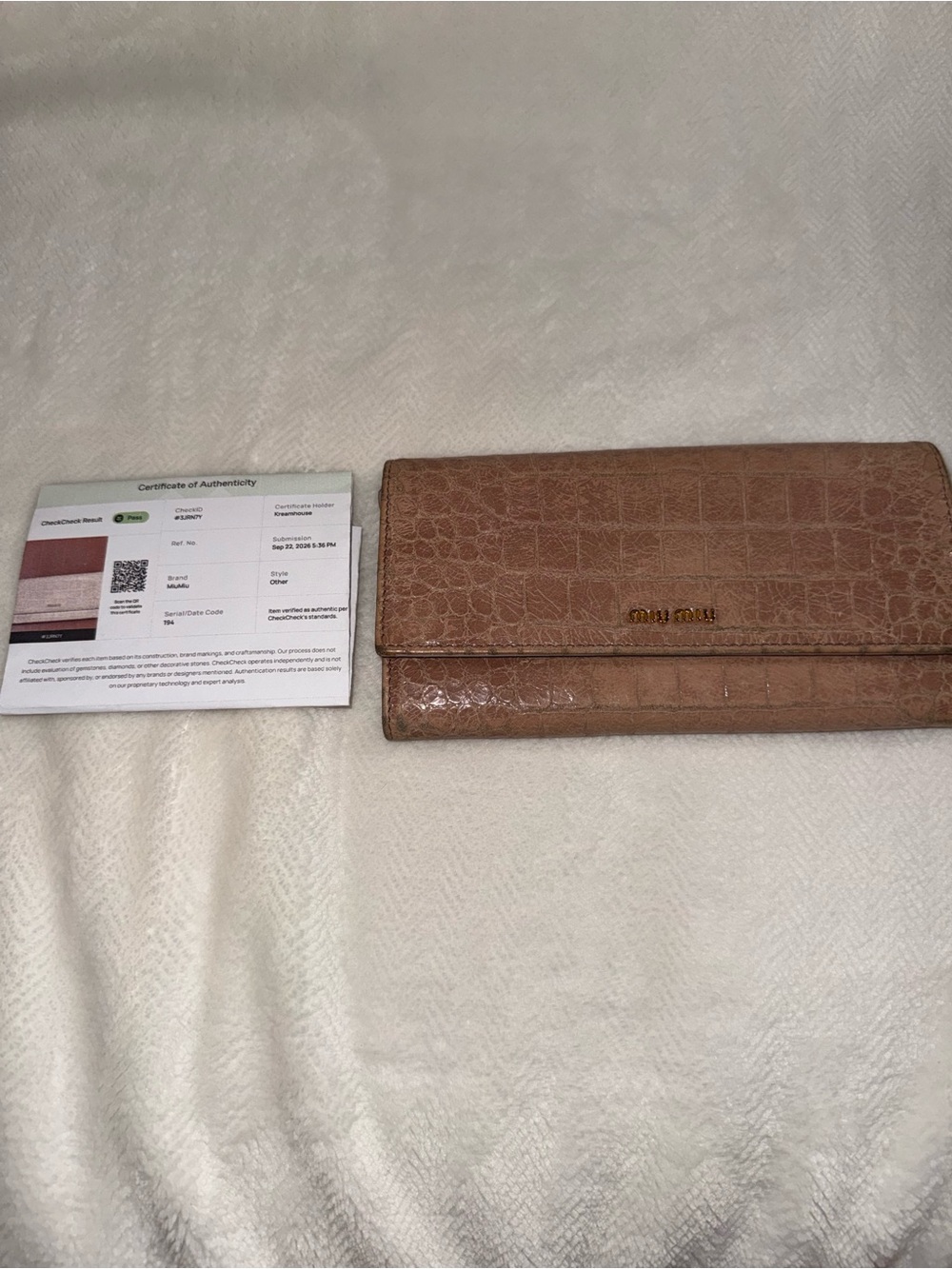 Miu Miu Croc-Embossed Beige Leather Wallet with Gold Logo